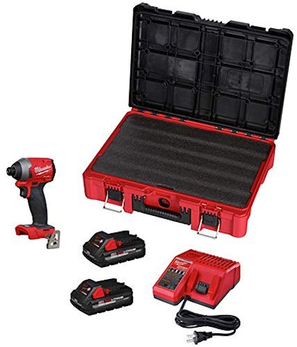 Milwaukee M18 combustible de 18 voltios de iones de litio sin escobillas 1/4 pulgadas Kit de controlador de impacto hexagonal con dos baterías de 3.0 Ah y estuche de embalaje (modelo # 2853-22PO)