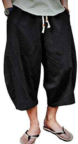 EKLENTSON Mens Beach Pants Elastic Waist Drawstring Capri Shorts Loos Fit Baggy Summer Cotton Linen Pants Men, Black, 34