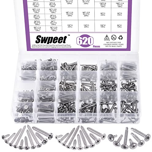 Swpeet 620 pezzi 3 tipi # 6# 8# 10 SAE 304 in acciaio inox testa rotonda e Phillips testa piatta viti in lamiera autofilettanti viti per legno con testa a capriata in acciaio inossidabile