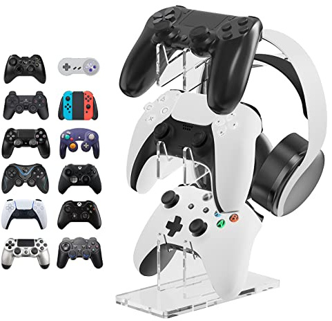 Linkidea Universal 3-Tier Controller Stand and Headset Stand Compatible with PS5, PS4, Switch Pro, Xbox Controllers Gaming Accessories Crystal Texture (Clear)