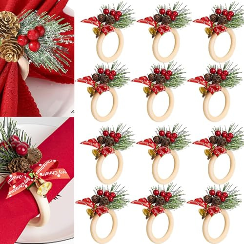 12 Stück Serviettenringe Weihnachten Serviettenschnalle Weihnachtskranz, Serviettenhalter Vintage Tischdeko Weihnachten Deko, Serviettenringe Halter für Weihnachten Tisch Hochzeit Urlaub Abendessen
