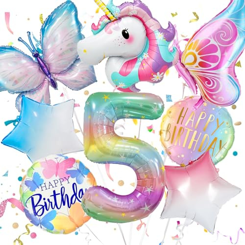 Dekoration zum Geburtstag für Mädchen, 5 Jahre, Dekoration zum Geburtstag, Einhorn, Mädchen, Set Ballon 5, Ballon 5 Jahre, mit Schmetterling