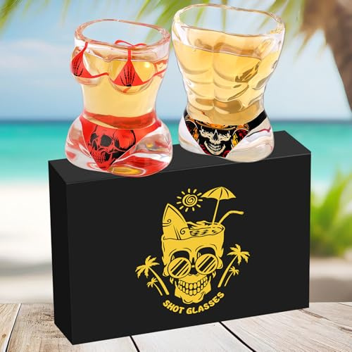 Muscle Manglas & Bikini Glas-Schnapsgläser, 30 ml, 2er Set mit Geschenkbox | Totenkopf Design, für Tequila, Wodka, Espresso, Langlebige und Wiederverwendbare Schnapsgläser für Zuhause, Bars & Party