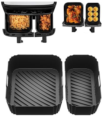 Silicone Air Fryer Liner for Tefal 8.3L Dual, Air Fryer Accessories for Tefal Easy Fry 8.3L, Lakeland Air Fryer 8L, Tower T17099 5.2L/3.3L and Salter EK5729 Dual Drawer 5.5L/3.5L(2Pcs Black)