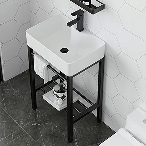 Lavabo de baño con pedestal de cerámica blanca con patas de metal de acero inoxidable y estante de almacenamiento negro, lavabo independiente de porcelana, tamaño XXX