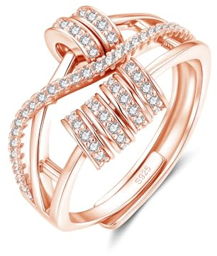 Josfeva Silver 925 Anxiety Rings, 925 Sterling Silver Anti-Stress-ring, Open Adjustable Anxiety Rings with Cubic Zircon, Spinner Fidget Ring with Bead, Rose Gold Decompression Ring for Anxious People
