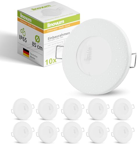 linovum Einbaurahmen 10x IP65 rund weiß matt GU10 Bad & Küche | Zehn Deckenrahmen weiß IP65 - milchige Glasscheibe für Bad, Dusche & Küche, für GU10 oder Modul, nur 28mm tief (ohne Lampe)