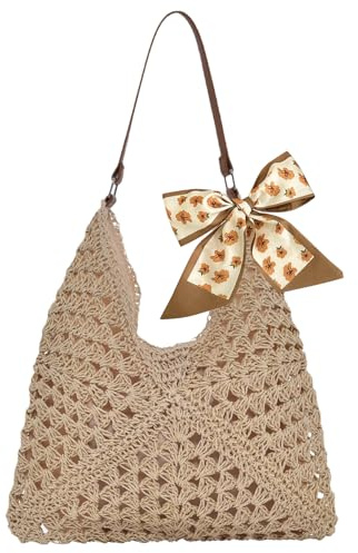 DAVBNM Straw Beach Bag for Women, Straw Shoulder Bag, Summer Tote Bags, Large Weave Handbags for Women, Casual Woven Travel Holiday Bags for Beach Vacation Outdoor Shopping Daily Use