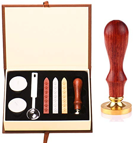 Hogwarts Magic School Sealing Wax Set, Seal Stamp & Spoon Kit for Letter Gift Hp Fans Hogwarts Themed Party (1 Wooden Handle Seal + 3 Retro Waxes + 1 Spoon + 2 White Wax)