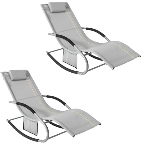 SoBuy Set of 2 Sun Lounger Garden Chair Recliner with Cushioned Pillow & Side Pocket Garden Rocking Chair with Steel Frame Outdoor Furniture Grey OGS28-HGx2