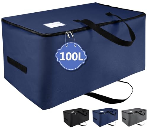 IHOMAGIC Borsa Portaoggetti, Sacchetto di Immagazzinaggio Vestiti con Manico, Contenitore Scatole per Armadio - Custodia per Trapunte e Coperte Organizzatore Pieghevole 100L, 70x42x35 Blu Scuro