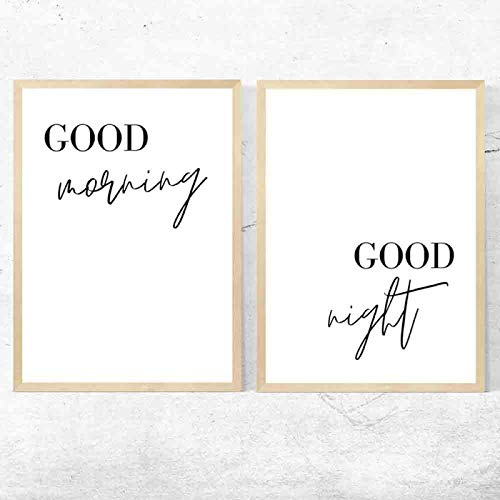 Guten Morgen Schwarz Weiß Poster Minimalistische Leinwand Gute Nacht Wandkunst Leinwanddruck für das Schlafzimmer Bild Malerei Dekor 30x45cm-2Pieces Frameless