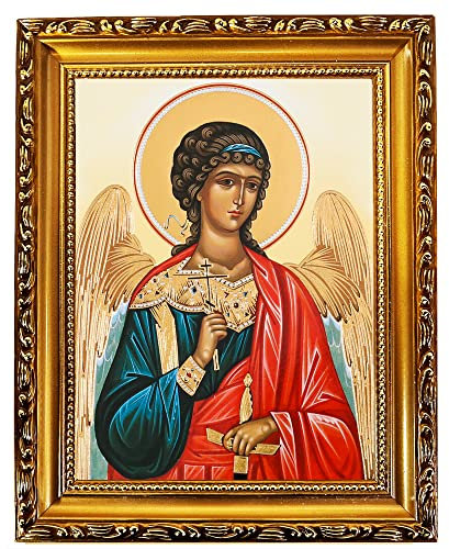 Needzo Orthodoxe katholische Ikone Schutzengel mit Schwert und Drei-Stangenkreuz, 24,9 cm, Goldfolien-Ikone, mit Ständer und Wandbehang, religiöses Geschenk für Ihn