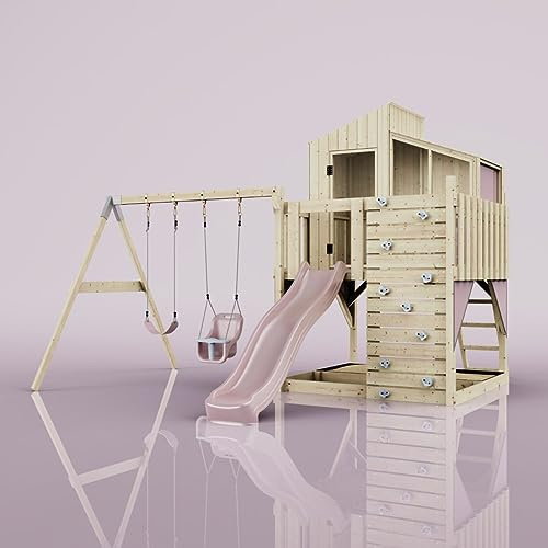 Rebo Spielturm mit Spielhaus inkl. Wellenrutsche, Kinder-Schaukel und Baby-Schaukel | Outdoor Klettergerüst Garten | Kletterwand und Kletterleiter | Stabile Konstruktion
