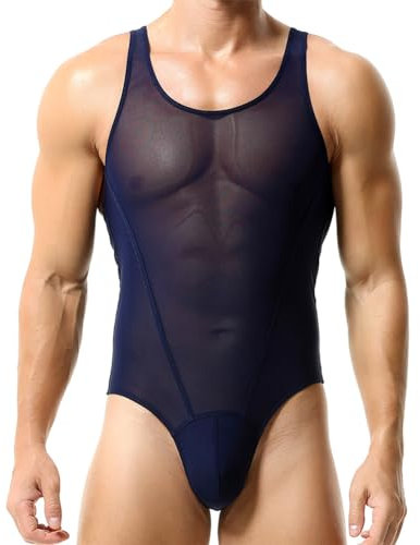 FYMNSI Men's Sheer Mesh Leotard Underwear See Through Sleeveless Thong Undershirt Bodysuit Fishnet Fitted Wrestling Singlet Jumpsuit Thongs Workout Muscle Shirt Tops Nightwear Clubwear Navy Blue M