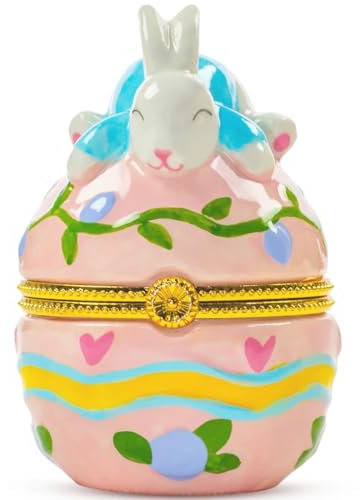 Perekond Easter Bunny Egg Trinket Box - Hand-Painted Tea Light Candle Holder, Hinged Jewelry and Keepsake Organizer, Rabbit Figurine Home Decor, Gift Idea for All Ages