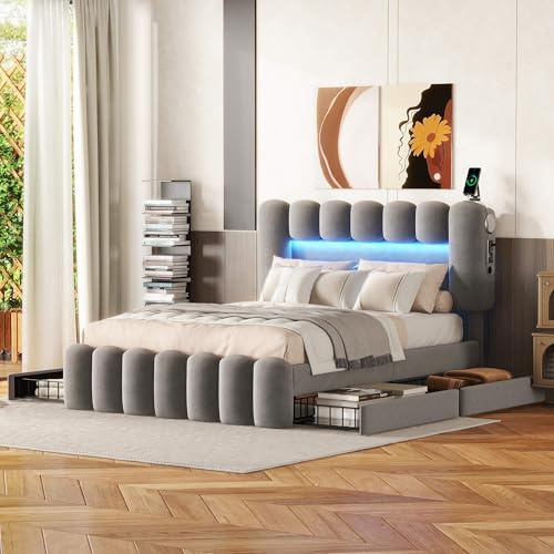 MQGPM Polsterbett 140x200 cm mit Schubladen und Verstellbares Kopfteil, Doppelbett Stauraumbett mit Lattenrost und Stauraum, Bett für Erwachsene und Jugendliche, Samt, Ohne Matratze, Grau