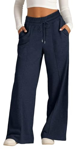 Ranphee Noir Pantalon Jogging Femme Large Chic et Elegant Taille Elastique Pantalons de Détente à Cordon Jambe Droite avec Poches