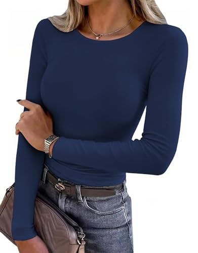 Aottori T Shirt Femme Côtelé Col Rond Haut Manches Longues Extensible Uni | Sensation souple extensible; Manches longues; Col rond et maille côtelée; Avec jean pantalon ou jupe; Bureau et quotidien