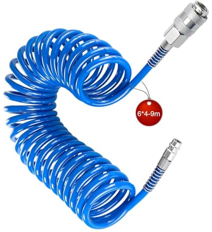 LNSYSNS Manguera Compresor Aire max 8 Bar, 4 x 6 mm Accesorios Compresor Aire con Conector de 1/4, 9 m Manguera Compresor Espiral, Azul, para Suministro de Aires Comprimido