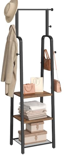 MAHANCRIS Coat Rack Freestanding, Hall Tree with 3-Shelves and 8 Hooks, Industrial Clothes Rack Stand Organizer for Entryway, Bedroom, Bags, Hats, Scarves, Rustic Brown and Black CRHR14901