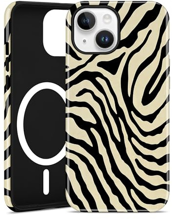 Jusy Mobilskal för iPhone 15, Estetiskt Zebramönster Design, Stötsäkert Bumperfodral i Två Lager, Beige