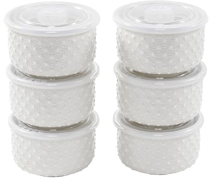 Yebaohond 4 Inch White Ceramic Bowls Set of 6, 10oz/300ml Embossed Cereal Bowls, 3.94 Diameter 2.36 Height Soup Bowls for Rice, Salad, Snack, Microwave & Dishwasher Safe (with Cover)