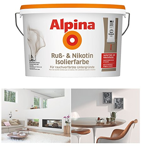 Alpina Ruß- & Nikotin Isolierfarbe, 5 Liter Weiß Matt Rußflecken, Nikotinflecken