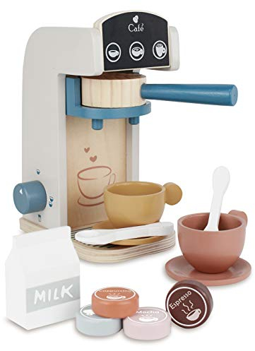 Little Log Wooden Coffee Machine Play Set Age 3+, Wooden Kitchen Coffee Machine Maker Toy Set Toddler Role Play Kitchen Accessories Gift for Girls and Boys (13 Pieces)