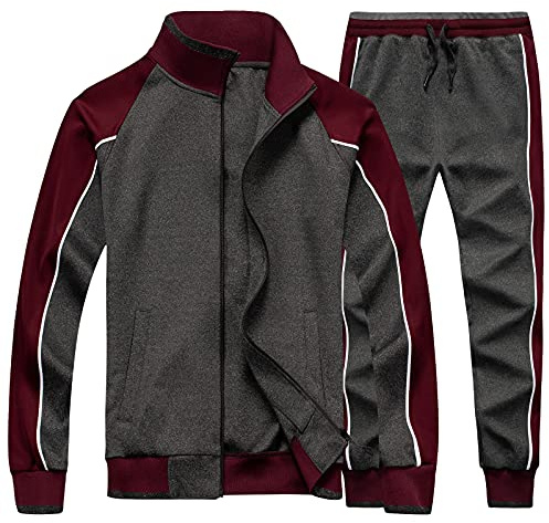 amropi Tute da Ginnastica Uomo Maniche Lunghe Felpa con Cerniera e Jogging Pantaloni Sportiva Set Grigio Borgogna,S