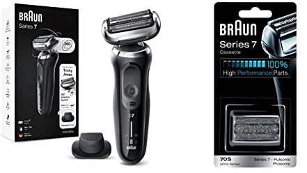 Braun Series 7 Electric Shaver for Men - Precision Trimmer, UK 2 Pin Plug, Silver Razor & Replacement Head, Compatible with Series 7, 70S