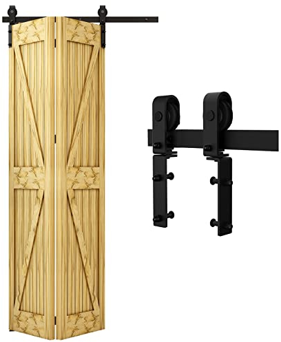 QINAIXQM 100CM/3.3FT Bifold Schiebetürbeschlag Schiebetürsystem Schiebetür Komplettset Schwarz für 2 Holztür 48cm Breit