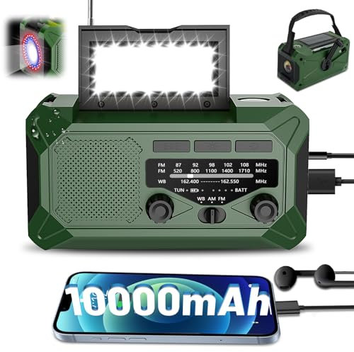 10000mAh Emergency Hand Crank Radio with LED Flashlight, AM/FM NOAA Portable Weather Alert Radio, Solar Powered Radio with Phone Charger, USB Charged, Headphone Jack, SOS Alarm, Compass for OutdoorsQ