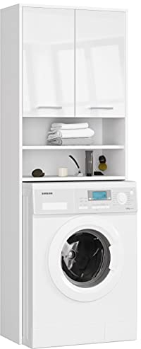 Home Collective Mobile per lavatrice 64x30x180 cm, mobile alto da bagno, con 2 ante e 4 ripiani mobiletto da bagno mensola da bagno corridoio bianco lucido