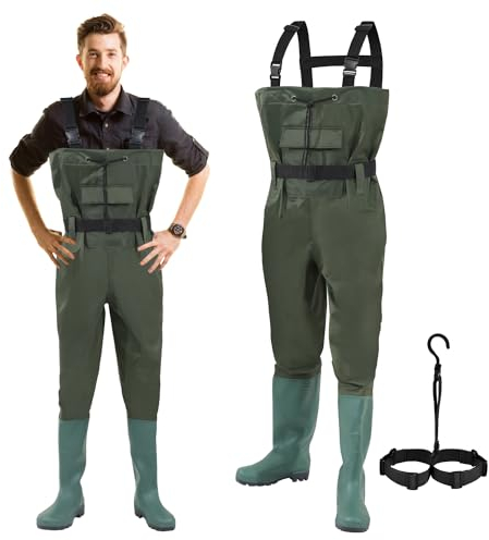 Daromigo Wathose Herren Wasserdicht, Anglerhose mit Stiefel, Premium 70D Nylon PVC Material, Ideal für Angeln und Outdoor-Aktivitäten, Größe:44