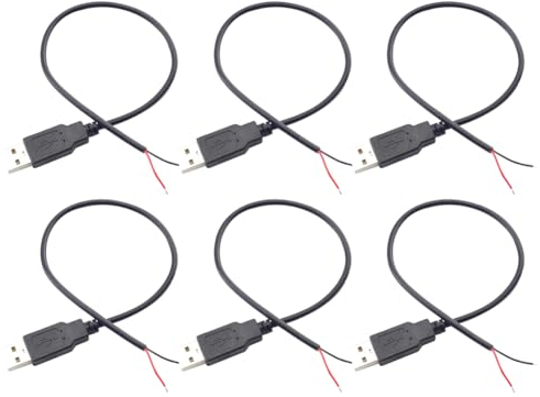 USB Pigtail, 6 Pack USB Stecker Lötbar Stromkabel, USB Buchse 2 Polig Kabel, USB Stecker Auf 2-Poligen Blankes Kabel, Pigtail Kabel Für USB-Geräte Installiert Oder DIY Ersetzen Reparatur (30cm)