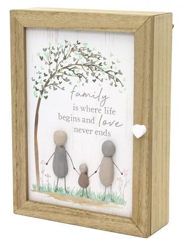 Carousel Home Pebble Family Key Box | Shabby Chic Wooden Family Tree Key Cabinet | Wall Mounted Key Cupboard With 6 Key Hooks Key Holder - 19x26cm