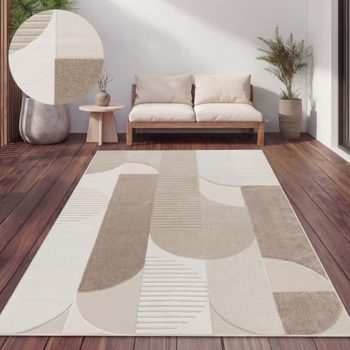 Paco Home Teppich Outdoor Wetterfest, Moderne abstrakte Boho Designs mit 3D Struktur, Pflegeleicht, ideal für Terrasse Wohnzimmer & Küche, Grösse:200x290 cm, Farbe:Beige 2