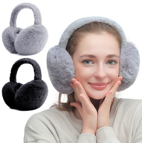 JSTHHTT 2 Pcs Women's Folding Winter Ear Warmers, Windproof Plush Earmuffs, Adjustable for Men/Girl