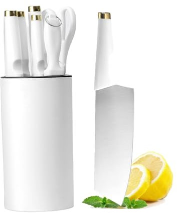 AVEKI Knife Block Set, 7 Pieces White Professional Sharp Chef Knife Set for Kitchen, Stainless Steel Cooking Knife Set with Block for Cutting Slicing Chopping Dicing (White)