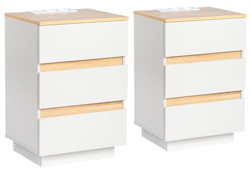 LEADZM Table de Chevet Lot de 2 avec Multiprise,Table d'appoint | Meuble de Nuit 3 Tiroirs, Commode de Nuit mit 2 Prises CA 2 Ports USB ,38x32x56cm