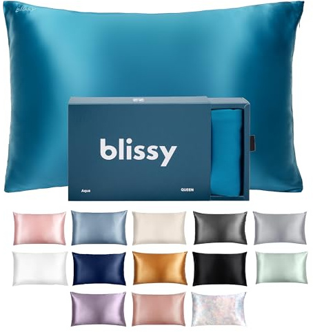Blissy Silk Pillowcase - 100% Pure Mulberry Silk - 22 Momme 6A High-Grade Fibers - Silk Pillow Cover for Hair & Skin - Regular, Queen & King (Aqua, Queen)