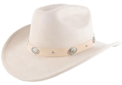 Classic White Cowboy Hat for Men Women,Wide Brim Soft Suede Fashionable Western Style with Adjustable Silver Rivet Leather Hat Band for Outdoor,Beige