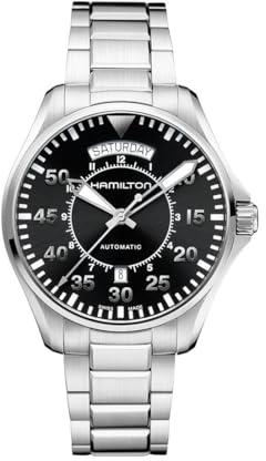 Hamilton Khaki Aviation Automatic Men's Watch, 42mm Stainless Steel Case, Swiss Made, Black Dial Analog Wrist Watch for Men, 100m Waterproof, Sapphire Crystal, Stainless Steel Strap