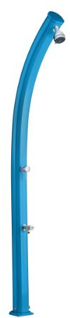 Douche solaire ARKEMA A520 / 5012 Jolly Couleur Bleu RAL 5012 Douche extérieure en aluminium anticorrosion Forme courbée Chauffage à énergie solaire Avec Mitigeur et Rince pieds Réservoir 25 litres Hauteur 226 cm