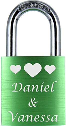 ♥ LoveGoals Liebesschloss mit Gravur | individuell graviert | Geschenk für Paare & Verliebte | Geschenkbox | Schloss mit 2 Schlüsseln | eloxiert | Motiv M026 | Farben Grün, Blau, Rot & Lila (Grün)