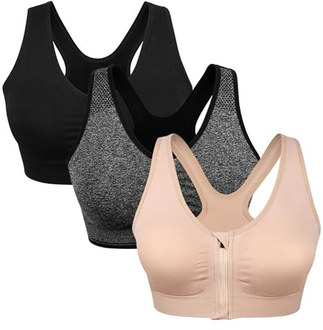 Women's Zip Front Sports Bra Wireless Post-Surgery, Yoga Sports Bras (L:Fit 34C,34,34D,34DD,36B,36C,38A,38B, 3 Pack(Black+Grey+Flesh))