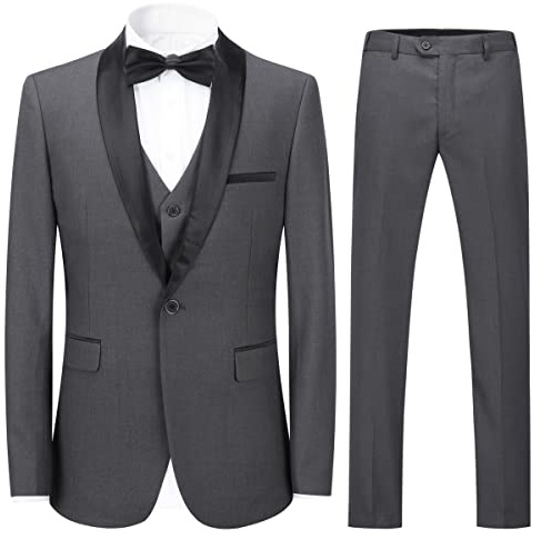 Sliktaa Mens Suits 3 Pieces Slim Fit Wedding Formal Dinner Suit One Button Notched Lapel Tuxedo Blazer Jacket Trousers and Waistcoat, Dark Grey, L