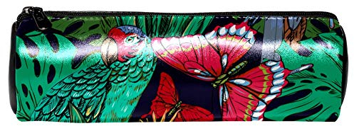 EZIOLY Stifte-Etui aus Leder mit rotem Papagei und grünem Schmetterling, für Schule, Arbeit, Büro