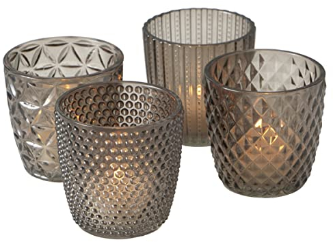 Boltze Windlicht Set Marilu 4-teilig (grau, Deko-Gläser für Kerzen/Teelichter, Kerzenständer ø 8 cm, Verschiedene Muster, Form rund, Teelichthalter) 2002930